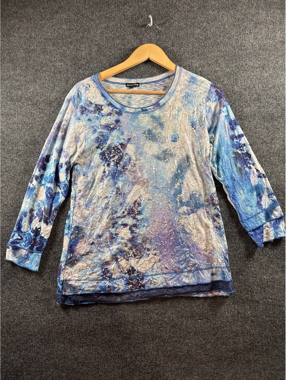 David Cline Womens XXL Blue Abstract Print 3/4 Sleeve Top Stretch Artsy Shirt